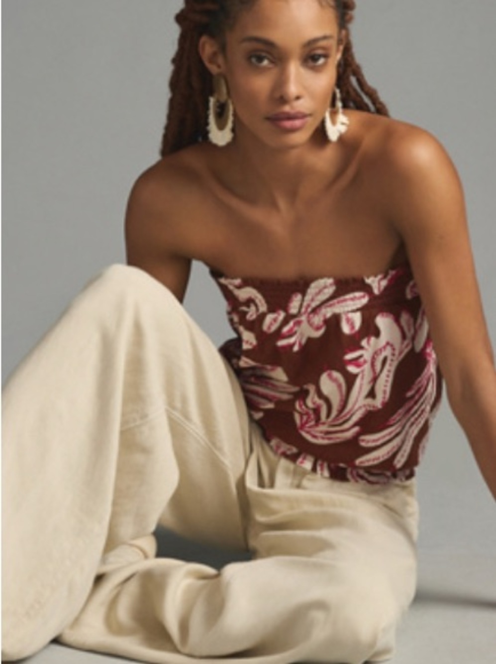 Strapless Smocked Paisley Print Bubble Tube Top - Burgundy & Cream